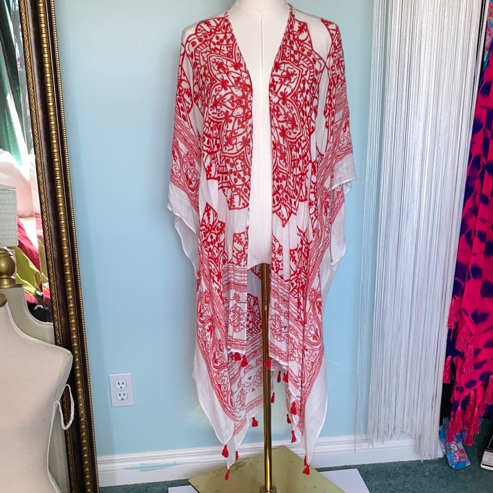 White and Red Printed Kimono Cover Up with Tassels